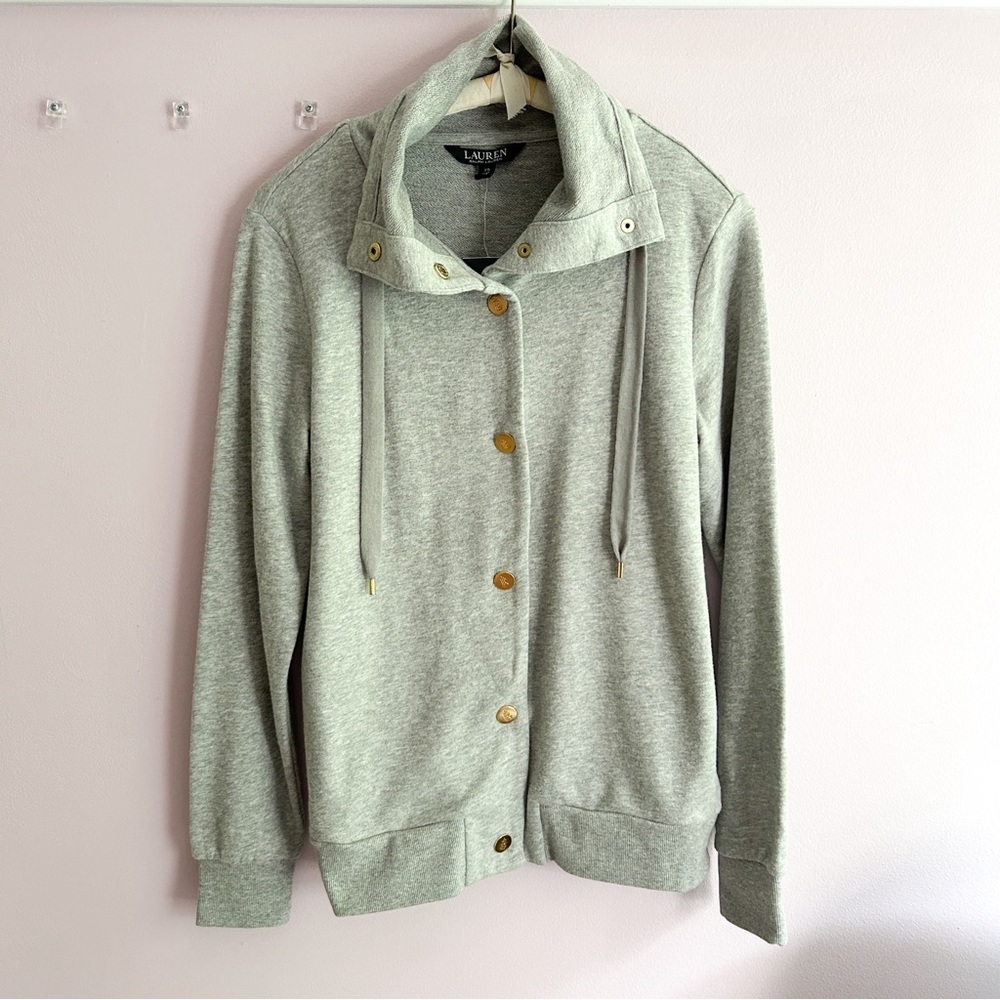 Lauren Ralph Lauren‎ Grey High Collar Gold Buttons Womens Sweatshirt Size XS NWT